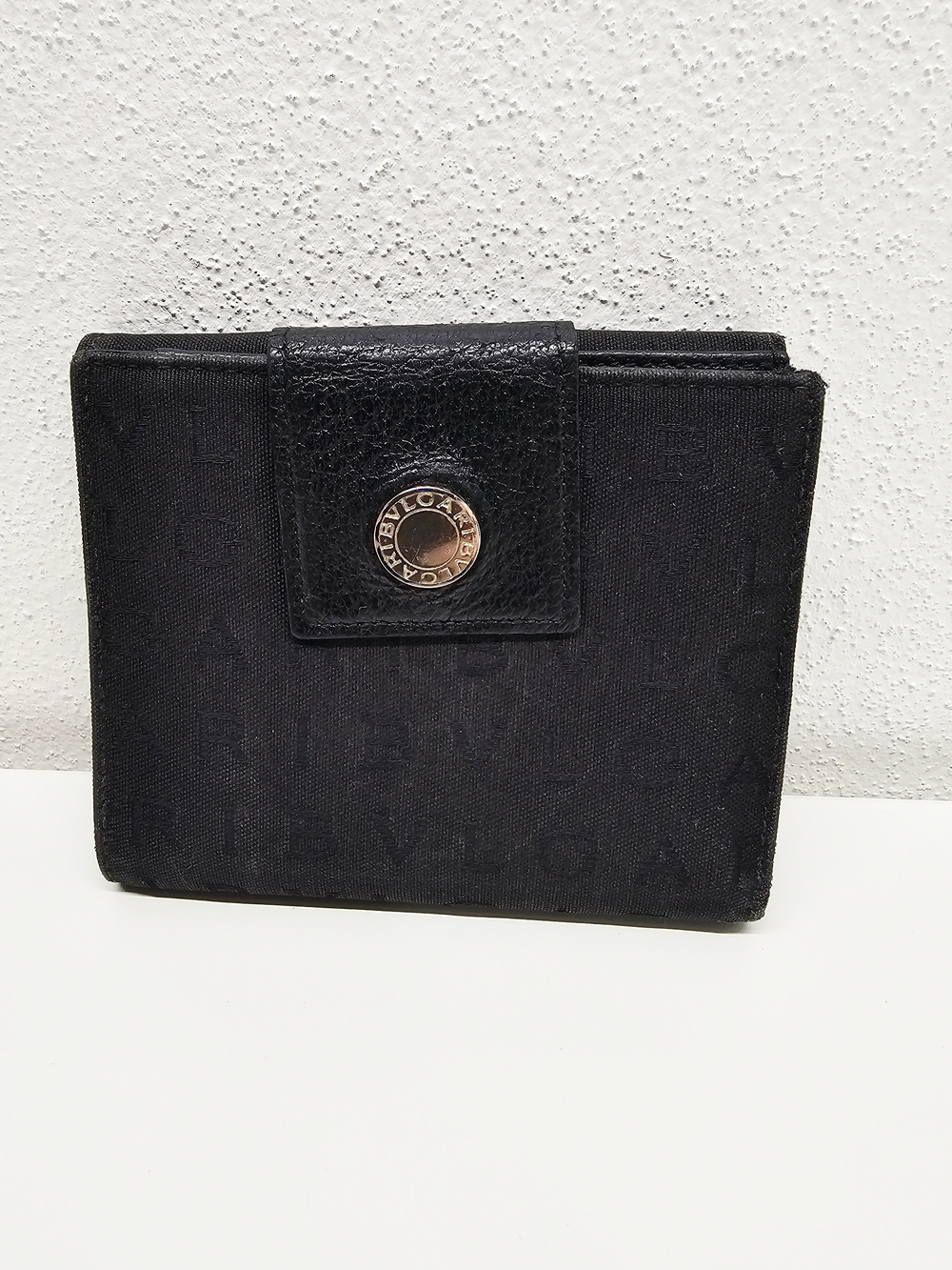 Bvlgari Monogram Logo Canvas Bifold Compact Black Wallet Red Lining With COA